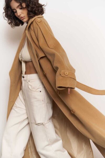 Butik Allbucks Mai̇i̇ Taba Moscow Belted Maxi Long Cashmere Coat Abmai0010