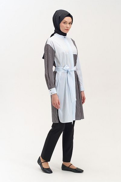 Setrms Belted Double Color Striped Tunic