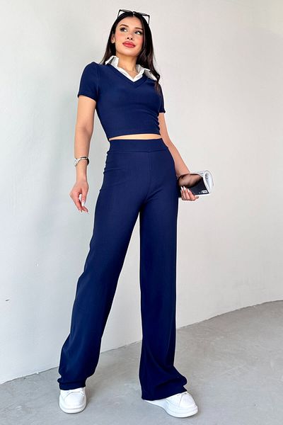 Cappmoda Tkm-13264 Navy Blue Shirt Detail Crop Blouse High Waist Trousers Double Set