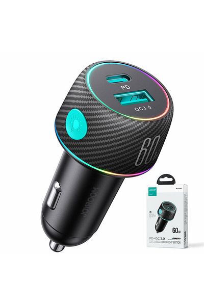 REDz Accessories Încărcător auto Joyroom Jr-ccn01, USB și Type-C, lumini colorate, încărcare rapidă 60w, negru
