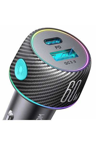 REDz Accessories Încărcător auto Joyroom Jr-ccn01, USB și Type-C, lumini colorate, încărcare rapidă 60w, negru