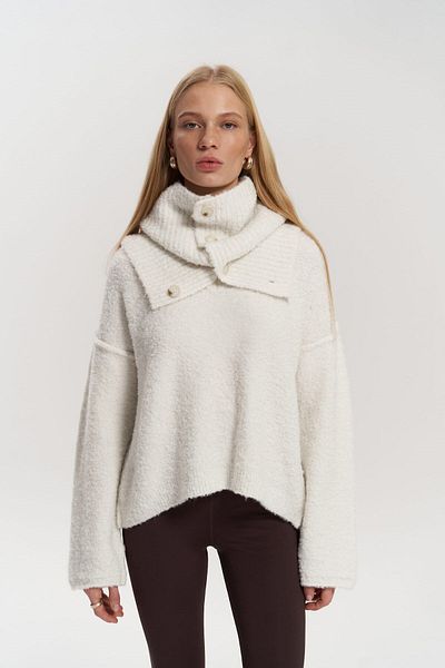 MAİ COLLECTİON Peoria Neck Collar Detail V-Neck Ecru Knitwear Sweater