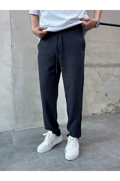 DİFRANSEL Navy Blue Relaks Fit Relaxed Cut Linen Trousers