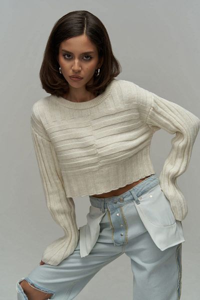 MAİ COLLECTİON Farm Ecru Crop Sweater