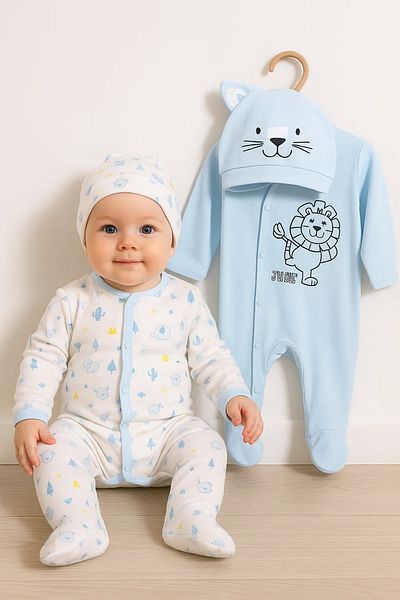 Babydonat Mini Jungle Lion Patterned 4-Piece Jumpsuit Set for Baby Boy