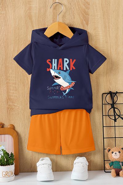 MYADA New Season Hooded Shark Cartoon Character Printed 2-Piece Children's Set 22562