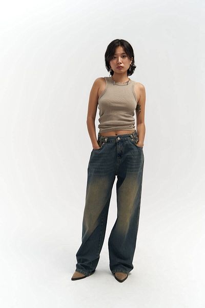 MAİ COLLECTİON Dirty Blue Jeans with Port Belt Detail