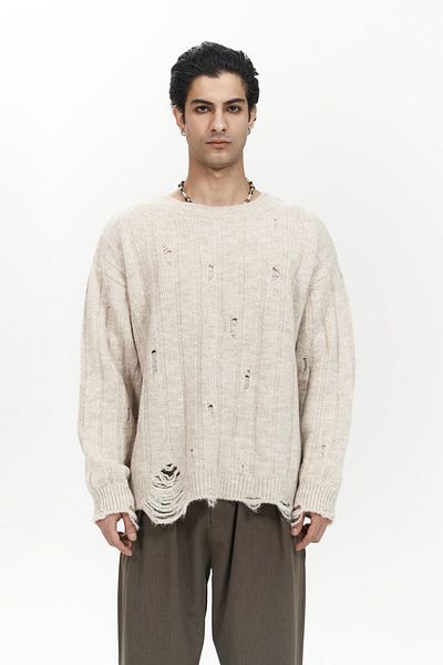 MAİ COLLECTİON Ανδρικό πλεκτό πουλόβερ Vincent Ripped Detail Beige