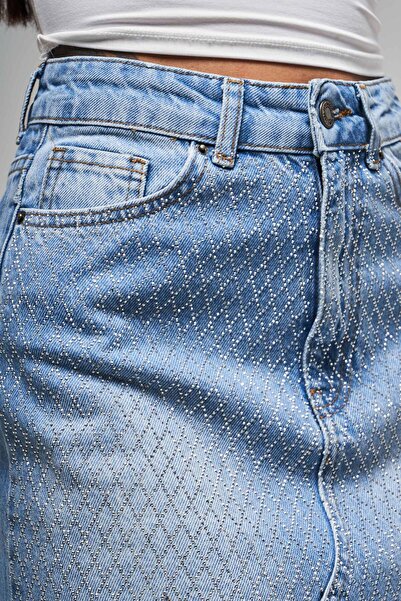 its basic Kadın Mavi Renk T-2s5-4 Parlak Taşlı Midi Boy %100 Koton 42 Cm Tasarım Denim Etek