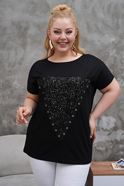 Siyezen Plus Size Mesh Elegant Blouse with Sequin Detail in Front