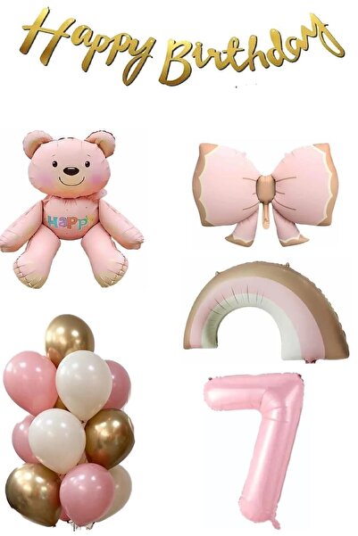Laviyosa Pembe Ayıcık Yaş Balonlu Gökkuşağı Temalı Kız Bebek Konsept Doğum Gü...