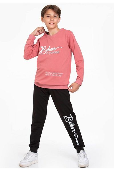 TRENDİMİZBİR طقم سويت شيرت وسروال رياضي مطبوع عليه عبارة "Believe in Yourself" من Dried Rose - 5-14