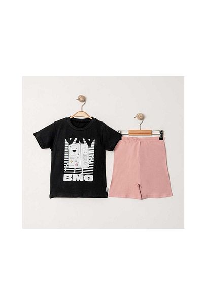 TRENDİMİZBİR Boy's Black T-Shirt Set with Powder Shorts – Retro Game Console Themed Summer Set