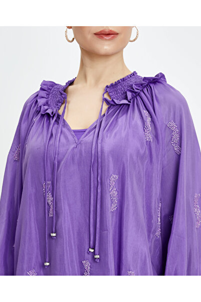 SERPİL Kadın Boncuk İşlemeli Bluz - Bağlamalı Yaka Detaylı - Modern ve Şık Ta...