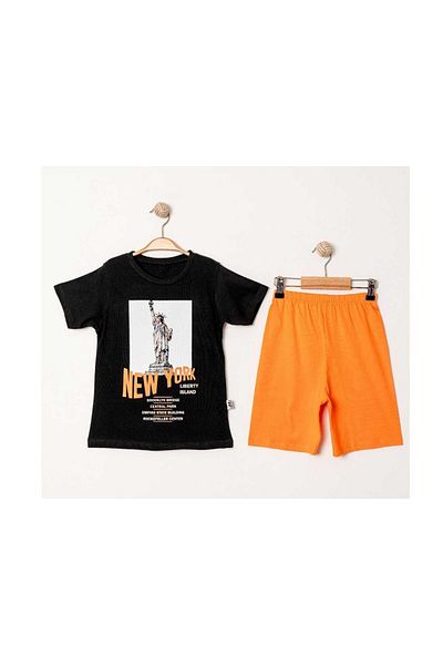 TRENDİMİZBİR Boys New York Printed Statue of Liberty Black T-Shirt and Orange Shorts Bottom Top Set