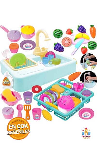 PapatyamPartiEvi Pilli Çeşmeli Oyuncak Mutfak Seti Modern Lavabo 25 Parça - B...
