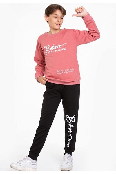 TRENDİMİZBİR طقم سويت شيرت وسروال رياضي مطبوع عليه عبارة "Believe in Yourself" من Dried Rose - 5-14