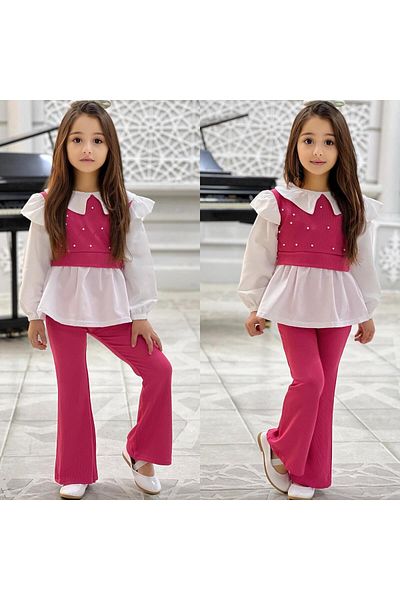TRENDİMİZBİR Girl's Pearl Detailed Baby Collar Shirt Spanish Leg Suit