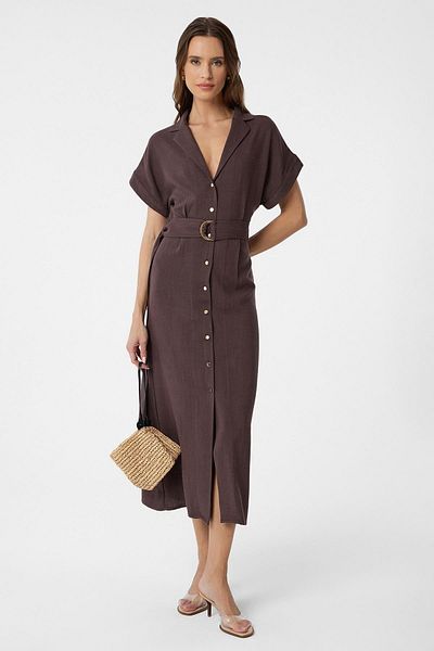 Antioch Brown Linen Blended Belted Women's Dress
