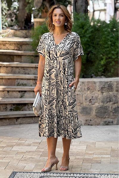 Nevin Kaya Moda Φόρεμα V-NECK Κρεμ με μοτίβο φύλλων Καλοκαιρινό βαμβακερό χτενισμένο φόρεμα