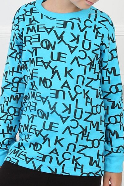 TRENDİMİZBİR Turquoise Letter Patterned Sweatshirt and Black Pajama Set - 8-12