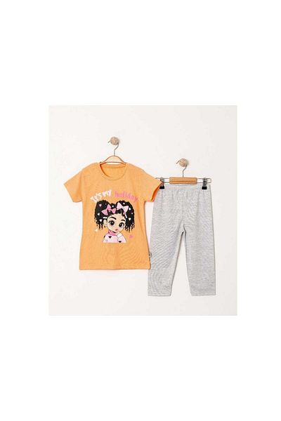 TRENDİMİZBİR Girl's Holiday Printed Ribbon Patterned Girl Character Orange Gray Summer Bottom Top Suit