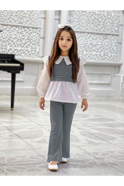 TRENDİMİZBİR Girl's Pearl Detailed Baby Collar Shirt Spanish Leg Suit
