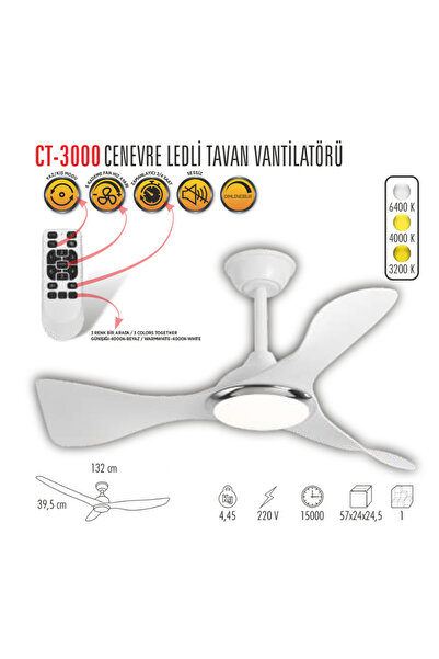 Cata CT-3000 Modern Tavan Vantilatörü Beyaz LED Işıklı ve Uzaktan Kumandalı LED Sessiz Motor Şık Tas