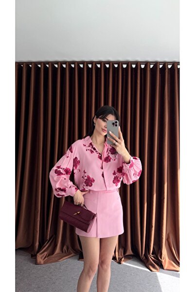 HAZELANNA قميص الساتان الوردي الأزهار