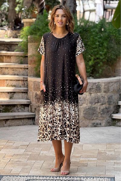 Nevin Kaya Moda Rochie din bumbac pieptănat cu fuste negre cu buzunare duble în față leopard