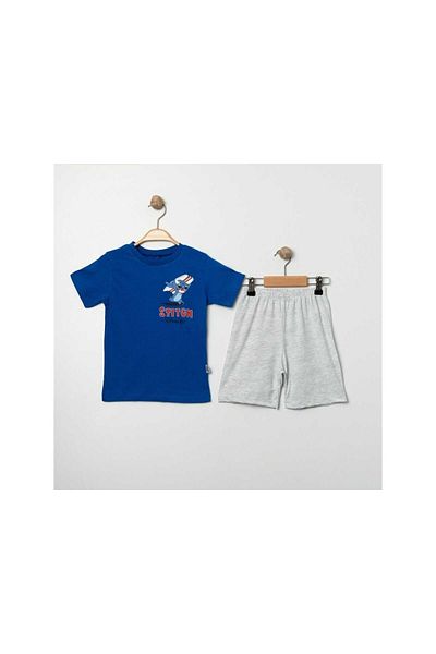 TRENDİMİZBİR Boy's Navy Blue Color Stitch Printed Short Sleeve T-Shirt and Shorts Set