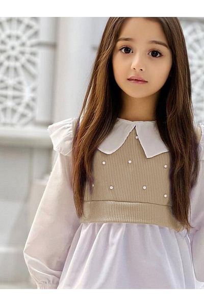 TRENDİMİZBİR Girl's Pearl Detailed Baby Collar Shirt Spanish Leg Suit