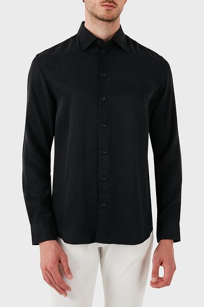 Emporio Armani Silk and Cotton Blended Regular Fit Self Patterned Shirt Men's Shirt Em000081 Af