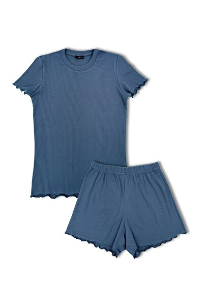 HNX Denim Pamuklu Fitilli Kısa Kollu Tişört ve Şort Kadın Pijama Takımı