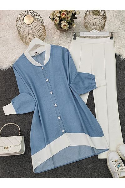 Modamorfo Buttoned Denim Tunic with Ribbed Collar and Hem - Ice Blue