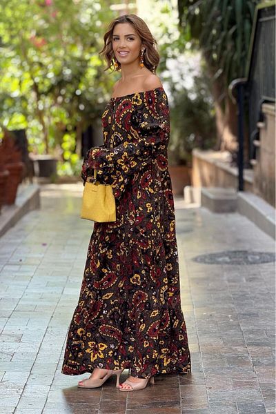 Nevin Kaya Moda Φόρεμα με μοτίβο με σάλι χακί χρώματος Madonna γιακά