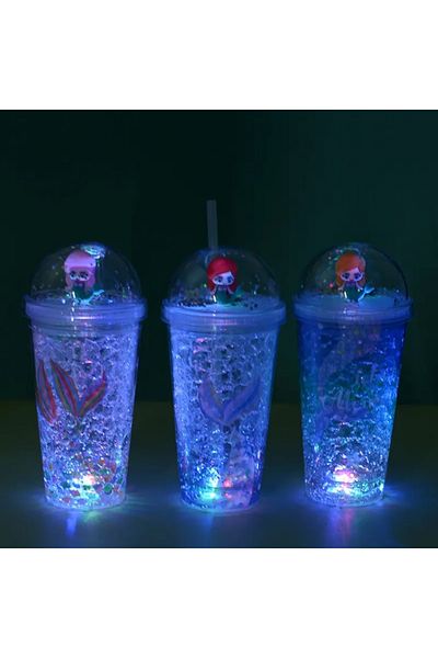 Honney Boutique Led 3D Colorful Lighted Mica Water Bottle Flask Water Bottle Cocktail Glass with Straw Lighted Figure
