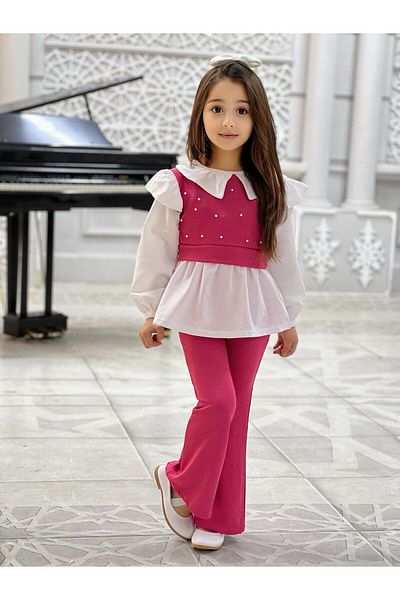 TRENDİMİZBİR Girl's Pearl Detailed Baby Collar Shirt Spanish Leg Suit