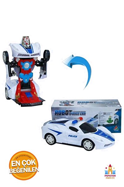 PapatyamPartiEvi Oyuncak Pilli Hareket Eden Robota Dönüşen Işıklı Sesli Polis Robot Arabası Otomatik Robota Dönüşen
