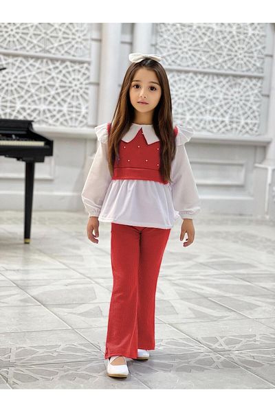 TRENDİMİZBİR Girl's Pearl Detailed Baby Collar Shirt Spanish Leg Suit