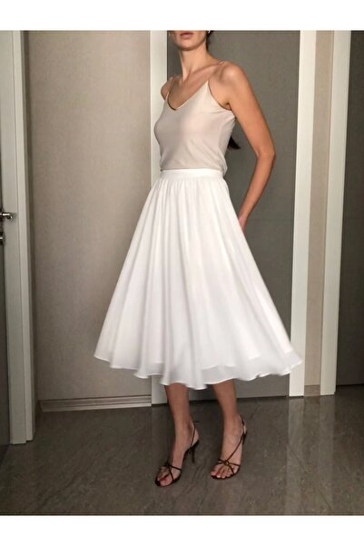 MERİT FASHION Diz Altı Beyaz Şifon Etek