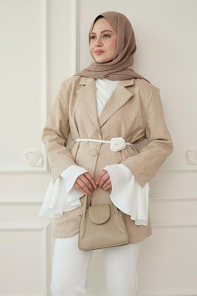 InStyle Μπουφάν μπλέιζερ με ριγέ μανίκια με βολάν μπεζ
