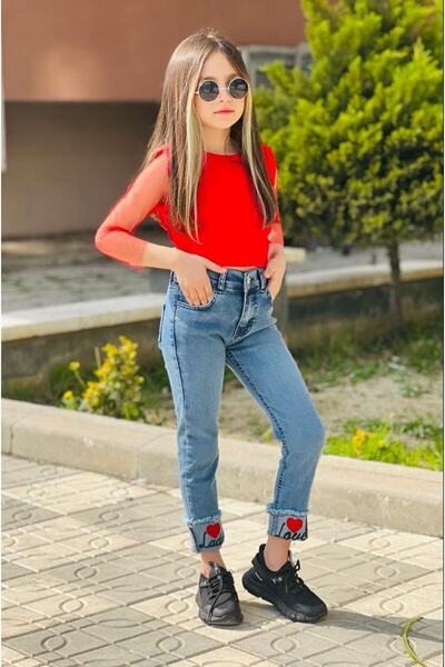 Burçak Butik Kız Çocuk Bluz / Paça Nakış Kot Pantolon / Toka 3'lü Takım