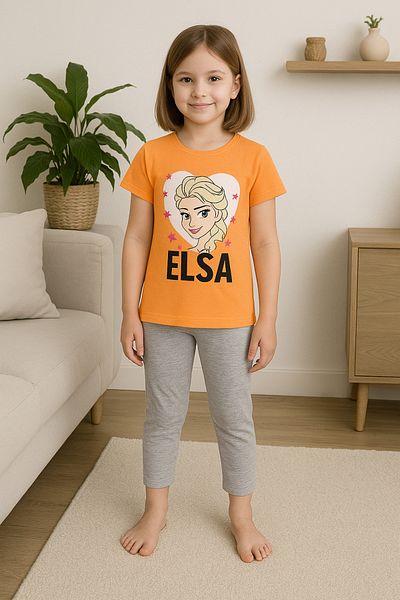 TRENDİMİZBİR Girl's Heart Princess Printed Orange Bottom Top Set