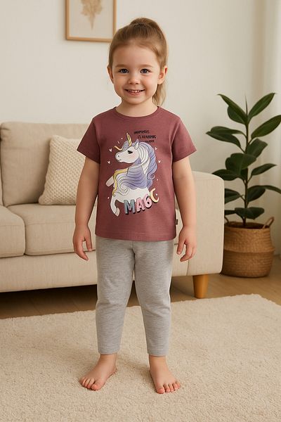 TRENDİMİZBİR Girl's Purple Magic Unicorn Printed Summer Top and Bottom Set