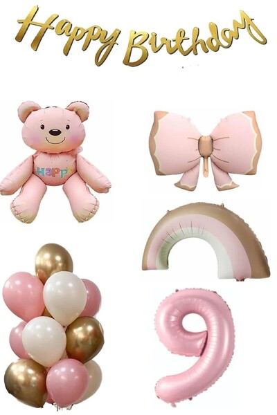 Laviyosa Pembe Ayıcık Yaş Balonlu Gökkuşağı Temalı Kız Bebek Konsept Doğum Gü...