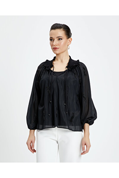 SERPİL Kadın Boncuk İşlemeli Bluz - Bağlamalı Yaka Detaylı - Modern ve Şık Ta...