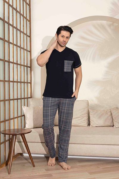 Tarık Father Son Combination Short Sleeve Checked Long Bottom Combed Fabric Medium Thick V-Neck Pajamas Set-3995