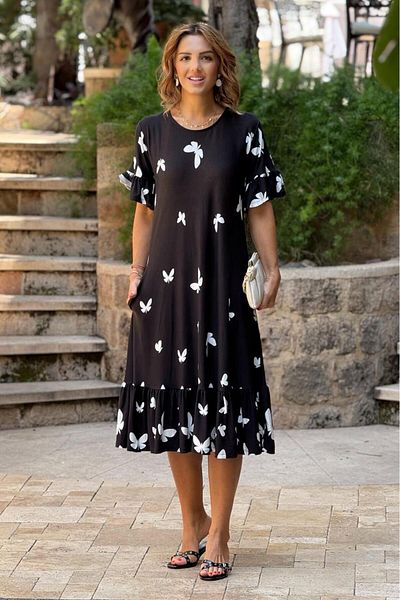 Nevin Kaya Moda Μαύρες φούστες με σχέδιο πεταλούδας με βολάν Καλοκαιρινό βαμβακερό χτενισμένο φόρεμα