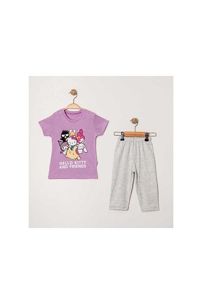 TRENDİMİZBİR Girl's Cute Characters Printed Lilac Short Sleeve T-Shirt Gray Leggings Bottom Top Set